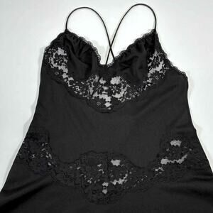 Vtg 80s Spaghetti Strap Black Slip Dress with Sheer Lace Panels - Small (34)